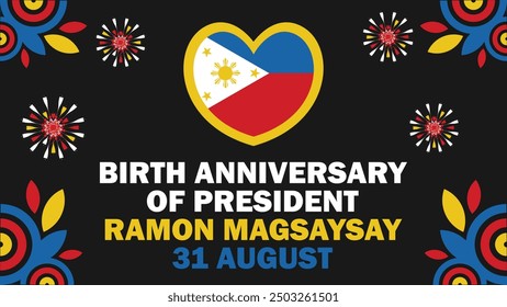 Geburtstag von Präsident Ramon Magsaysay Vektorbanner-Design mit geometrischen Formen und lebendigen Farben auf horizontalem Hintergrund. 