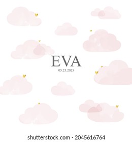 Birth Announcement pink clouds and hearts girl