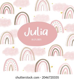 Birth announcement pink rainbows clouds girl