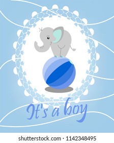 Birth Announcement Template. Cute elephant  boy on the ball arrival announcement card.