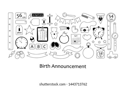 Birth announcement. Vector set with hand drawn elements. 