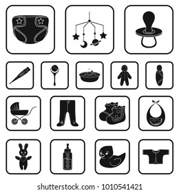 Birth of a baby black icons in set collection for design. Newborn and accessories vector symbol stock web illustration.