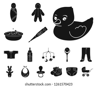 Birth of a baby black icons in set collection for design. Newborn and accessories vector symbol stock web illustration.