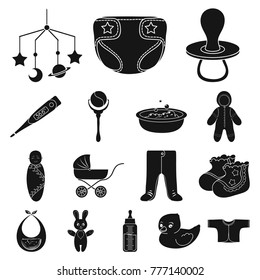 Birth of a baby black icons in set collection for design. Newborn and accessories vector symbol stock web illustration.