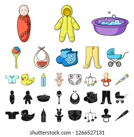 Birth of a baby cartoon, black icons in set collection for design. Newborn and accessories vector symbol stock web illustration.