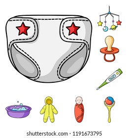 Birth of a baby cartoon icons in set collection for design. Newborn and accessories vector symbol stock web illustration.