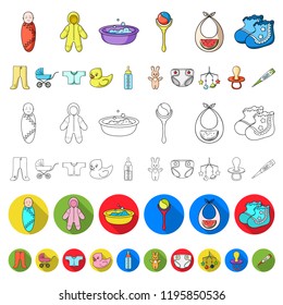 Birth of a baby cartoon icons in set collection for design. Newborn and accessories vector symbol stock web illustration.