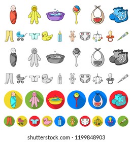 Birth of a baby cartoon icons in set collection for design. Newborn and accessories vector symbol stock web illustration.