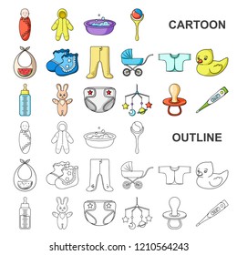 Birth of a baby cartoon icons in set collection for design. Newborn and accessories vector symbol stock web illustration.