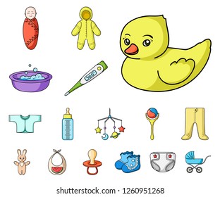 Birth of a baby cartoon icons in set collection for design. Newborn and accessories vector symbol stock web illustration.