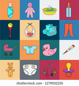 Birth of a baby cartoon icons in set collection for design. Newborn and accessories vector symbol stock web illustration.