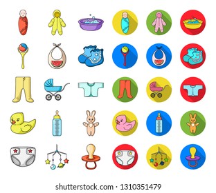 Birth of a baby cartoon,flat icons in set collection for design. Newborn and accessories vector symbol stock web illustration.