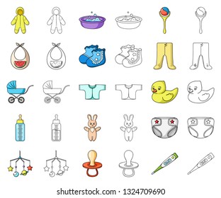 Birth of a baby cartoon,outline icons in set collection for design. Newborn and accessories vector symbol stock web illustration.