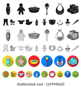 Birth of a baby flat icons in set collection for design. Newborn and accessories vector symbol stock web illustration.