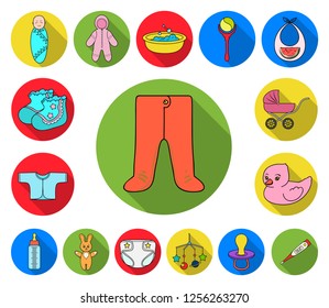 Birth of a baby flat icons in set collection for design. Newborn and accessories vector symbol stock web illustration.