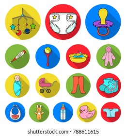 Birth of a baby flat icons in set collection for design. Newborn and accessories vector symbol stock web illustration.