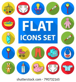 Birth of a baby flat icons in set collection for design. Newborn and accessories vector symbol stock web illustration.