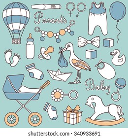 Birth and baby icon set. Big collection of  hand drawn icons. Illustration with sketch objects, baby products and toys. Colorful background, symbols of childhood