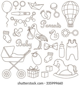 Birth and baby icon set hand drawn. Sketch objects. Big collection vector