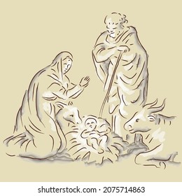 Birth of baby Jesus, image of the nativity scene, Christian religious holiday of Christmas.