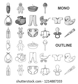Birth of a baby monochrom icons in set collection for design. Newborn and accessories vector symbol stock web illustration.