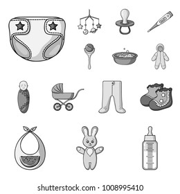 Birth of a baby monochrome icons in set collection for design. Newborn and accessories vector symbol stock web illustration.