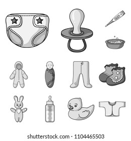 Birth of a baby monochrome icons in set collection for design. Newborn and accessories vector symbol stock web illustration.