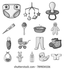 Birth of a baby monochrome icons in set collection for design. Newborn and accessories vector symbol stock web illustration.