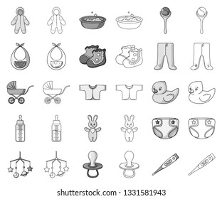 Birth of a baby monochrome,outline icons in set collection for design. Newborn and accessories vector symbol stock web illustration.