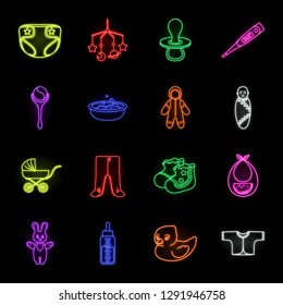Birth of a baby neon icons in set collection for design. Newborn and accessories vector symbol stock web illustration.