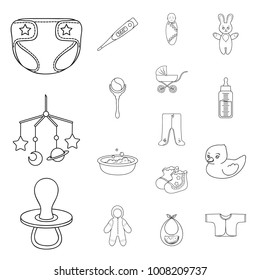 Birth of a baby outline icons in set collection for design. Newborn and accessories vector symbol stock web illustration.