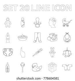 Birth of a baby outline icons in set collection for design. Newborn and accessories vector symbol stock web illustration.