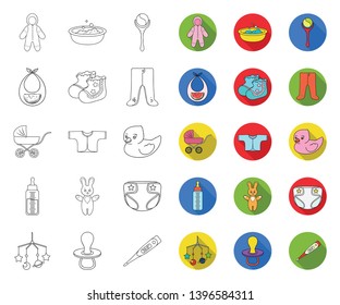 Birth  a baby outline,flat icons in set collection  design. Newborn and accessories vector symbol stock web illustration.