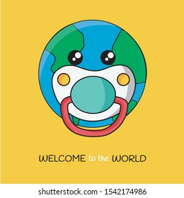 birth & born, newborn concept. save the world. sweet cute earth globe face vector flat design pacifier cartoon isolated soother or dummy. new baby global life creative. earth day & hour. welcome world