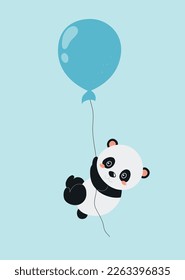 Birth card panda on balloon. Travel and adventure, symbol of birthday and holiday. Design element for invitation and greeting postcard. Tenderness and love. Cartoon flat vector illustration