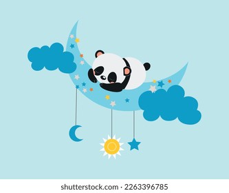 Birth card panda on cloud. Dreams, imagination and fantasy. Fictional character in fairytale. Tenderness and love. Design element for invitation and greeting postcard. Cartoon flat vector illustration