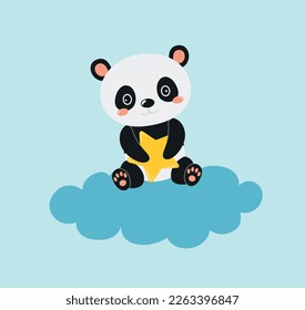 Birth card panda on cloud. Charming character sits with star in his hand. Imagination and fantasy. Asian animal and mammal. Tenderness and love. Cartoon flat vector illustration