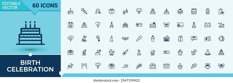 Pacote de ícone de Celebração de Nascimento. Inclui ícones para celebração, fogo, vidro, chapéu, isolado, bolo, evento, elemento. Contornar coleções de ícones. Contorno de vetor editável e ícones sólidos.