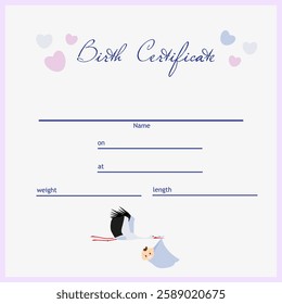 birth certificate with a stork