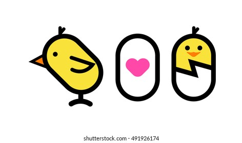 Birth of Chicken, Love to Egg and Chicken. Funny Flat Vector Icons isolated on white background.