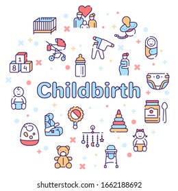 Nacimiento de un conjunto de iconos vectoriales lineales de color secundario. Trazo editable. Concepto de embarazo y parto. Primer niño en familia.