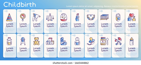 Birth of a child color linear vector icons set. Editable stroke. Pregnancy and birth concept. First kid in family.