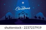 birth of the child jesus in the night with wise man and little shepherds . vector illustration