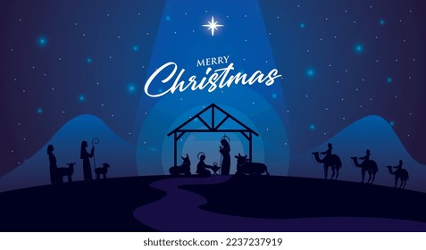 birth of the child jesus in the night with wise man and little shepherds . vector illustration