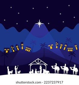 birth of the child jesus with wise men and shepherds with landscape in the night . vector illustration