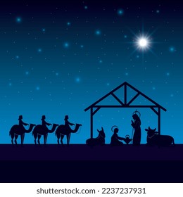 birth of the child jesus with wise men in the night . vector illustration