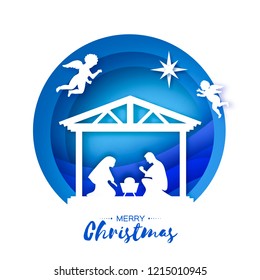 Birth of Christ. Baby Jesus in the manger. Holy Family. Magi. Angels. Star of Bethlehem - east comet. Nativity Christmas design in paper art style. Happy new year. Circle tunnel frame. Blue.