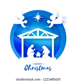 Birth of Christ. Baby Jesus in the manger. Holy Family. Magi. Angels. Star of Bethlehem - east comet. Nativity Christmas design in paper art style. Happy new year. Circle tunnel frame. Blue.