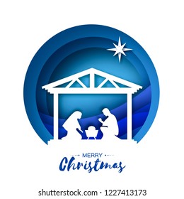 Birth of Christ. Baby Jesus in the manger. Holy Family. Magi. Star of Bethlehem - east comet. Nativity Christmas design in paper art style. Happy new year. Circle tunnel frame. Blue.