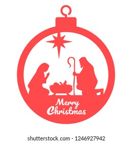 Birth of Christ. Baby Jesus in the manger. Holy Family. Magi. Star of Bethlehem - east comet. Nativity graphics design in Christmas ball. Merry Christmas card. Vector illustration.